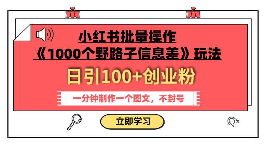 小红书批量操作《1000个野路子信息差》玩法 日引100+创业粉 一分钟一个图文-枫叶微课堂