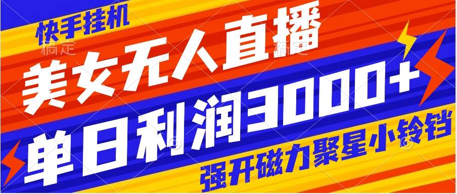 快手挂机，美女无人直播，强开磁力聚星小铃铛，日入3000+-枫叶微课堂