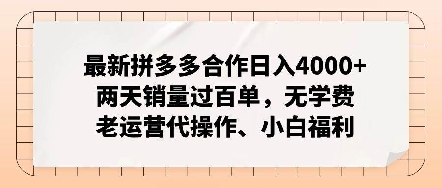 最新拼多多合作日入4000+两天销量过百单，无学费、老运营代操作、小白福利-枫叶微课堂