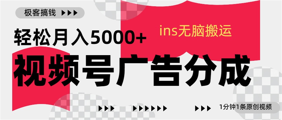 视频号广告分成，ins无脑搬运，1分钟1条原创视频，轻松月入5000+-枫叶微课堂